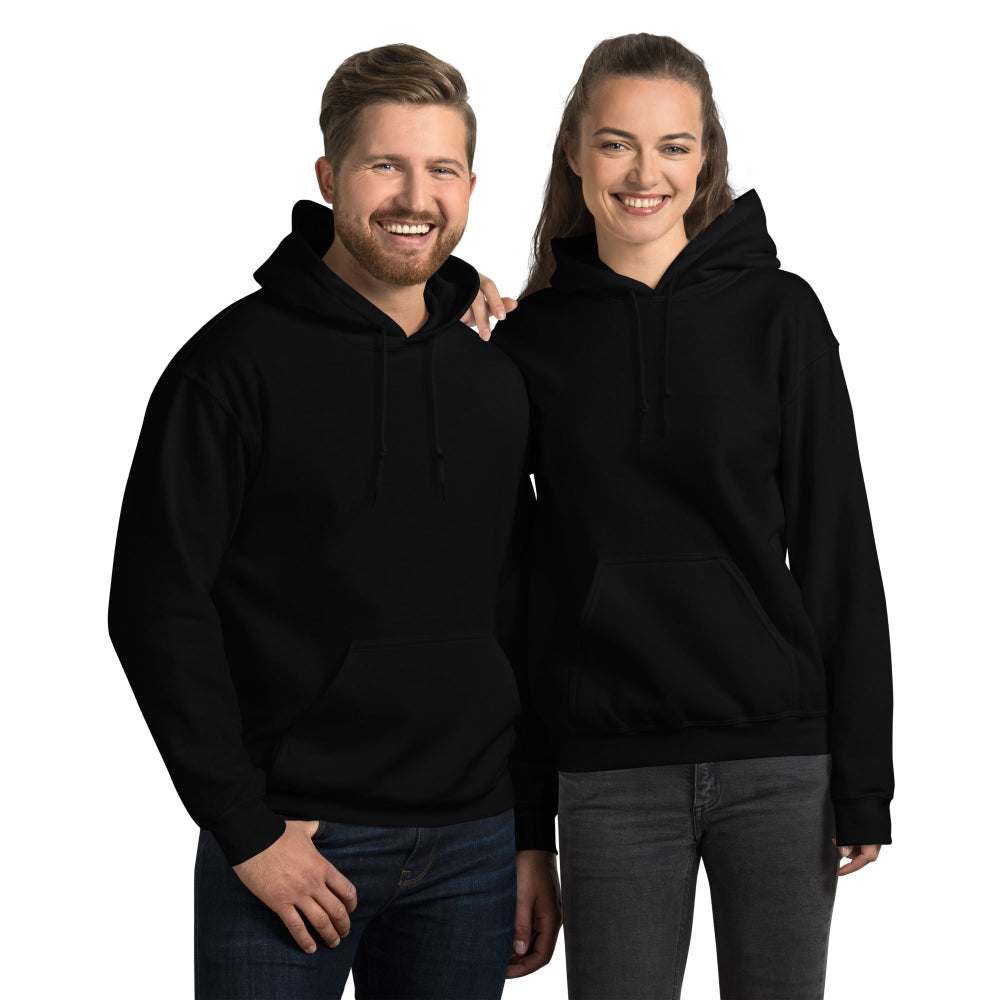 Two people wearing black hoodies with a logo on a white background
