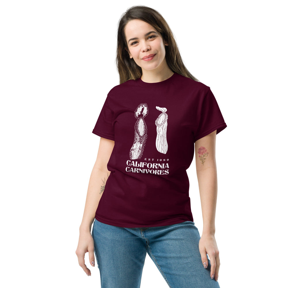 Woman wearing a maroon t-shirt with 'Nepenthes' design on a white background