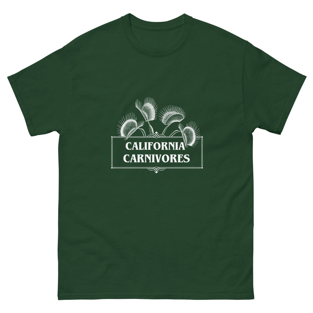 Green t-shirt with 'California Carnivores' logo on a white background