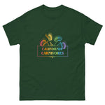 Green t-shirt with 'California Carnivores' graphic design on a white background