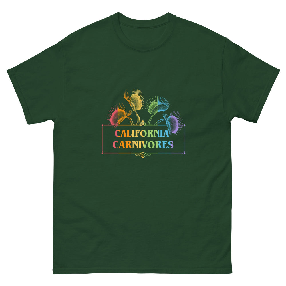 Green t-shirt with 'California Carnivores' graphic design on a white background