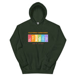 Dark green hoodie with colorful graphic and text on a white background