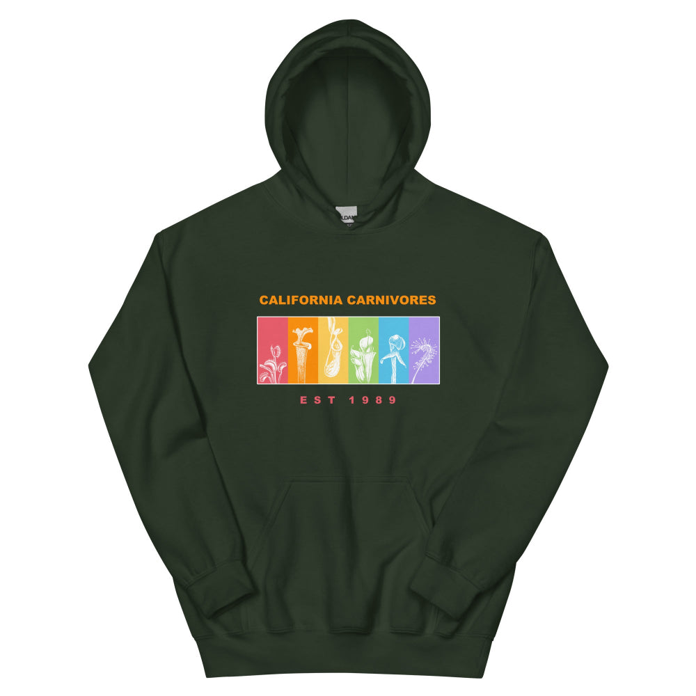 Dark green hoodie with colorful graphic and text on a white background