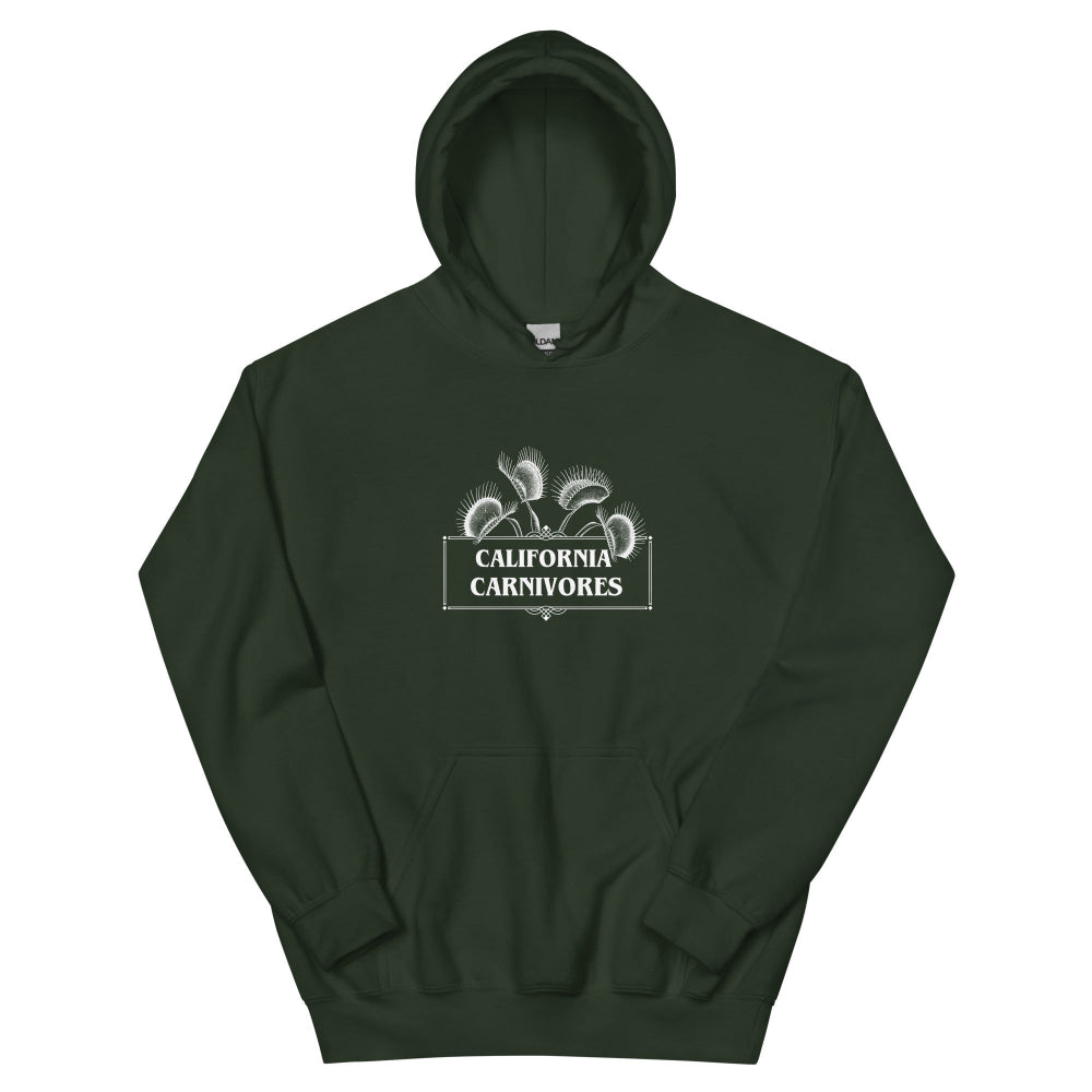 Forest Green hoodie with text and California Carnivores logo on a white background