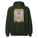 Dark green hoodie with a graphic design on the chest against a white background