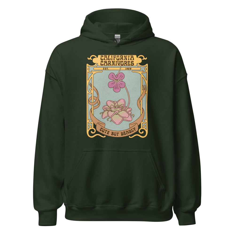 Dark green hoodie with a graphic design on the chest against a white background