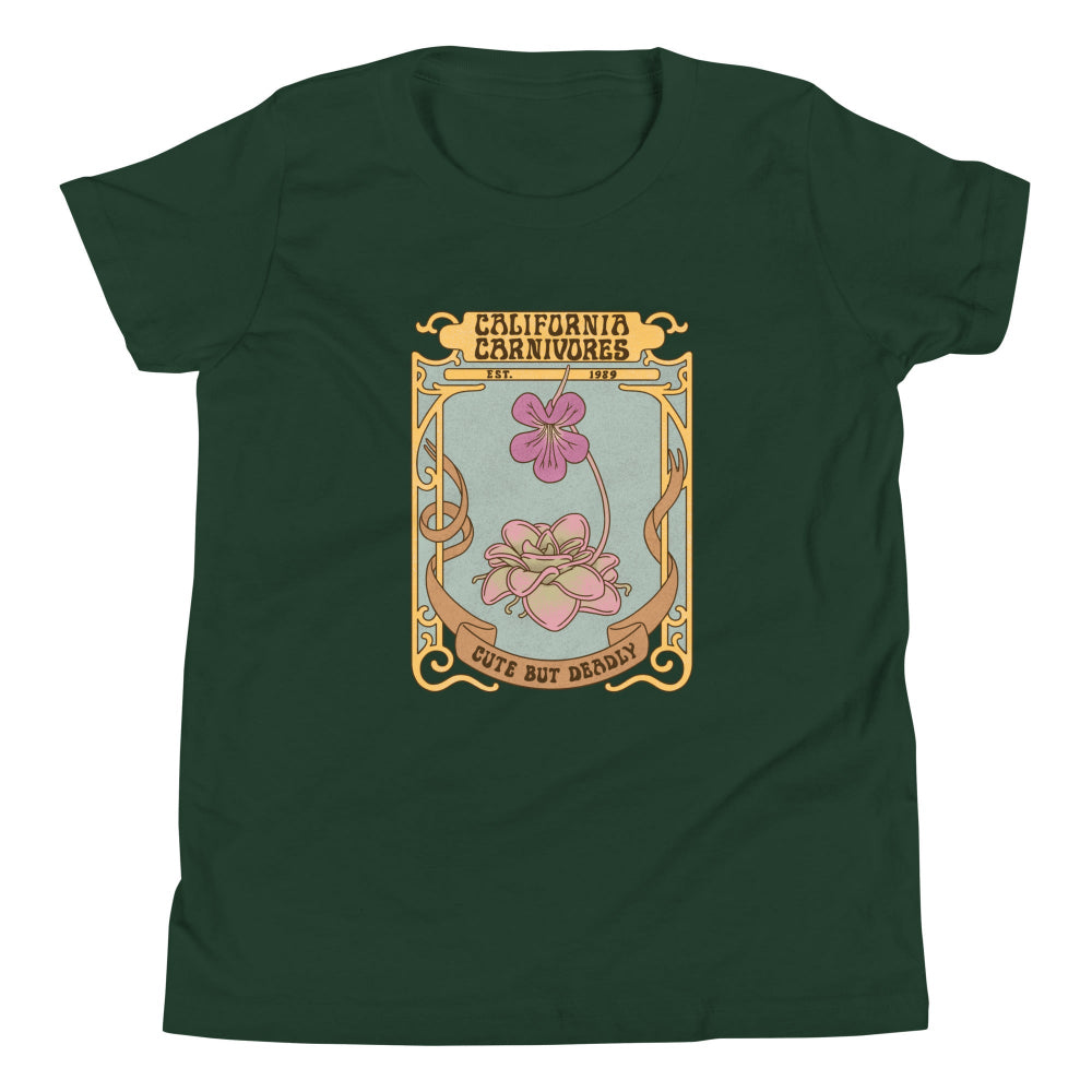 Green t-shirt with a decorative floral design and text on a white background