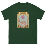 Green t-shirt with a graphic design featuring flowers and text on a white background