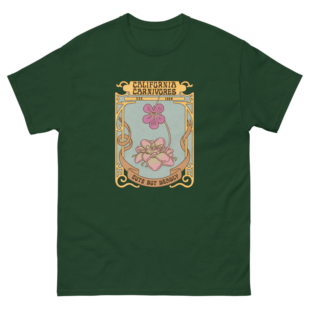 Green t-shirt with a graphic design featuring flowers and text on a white background