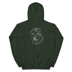 Green hoodie with a white graphic design on the back against a white background