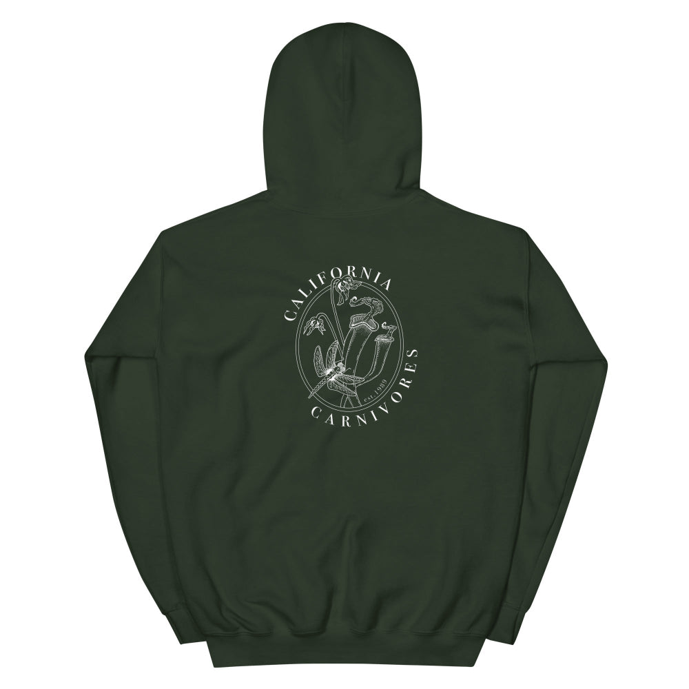Green hoodie with a white graphic design on the back against a white background