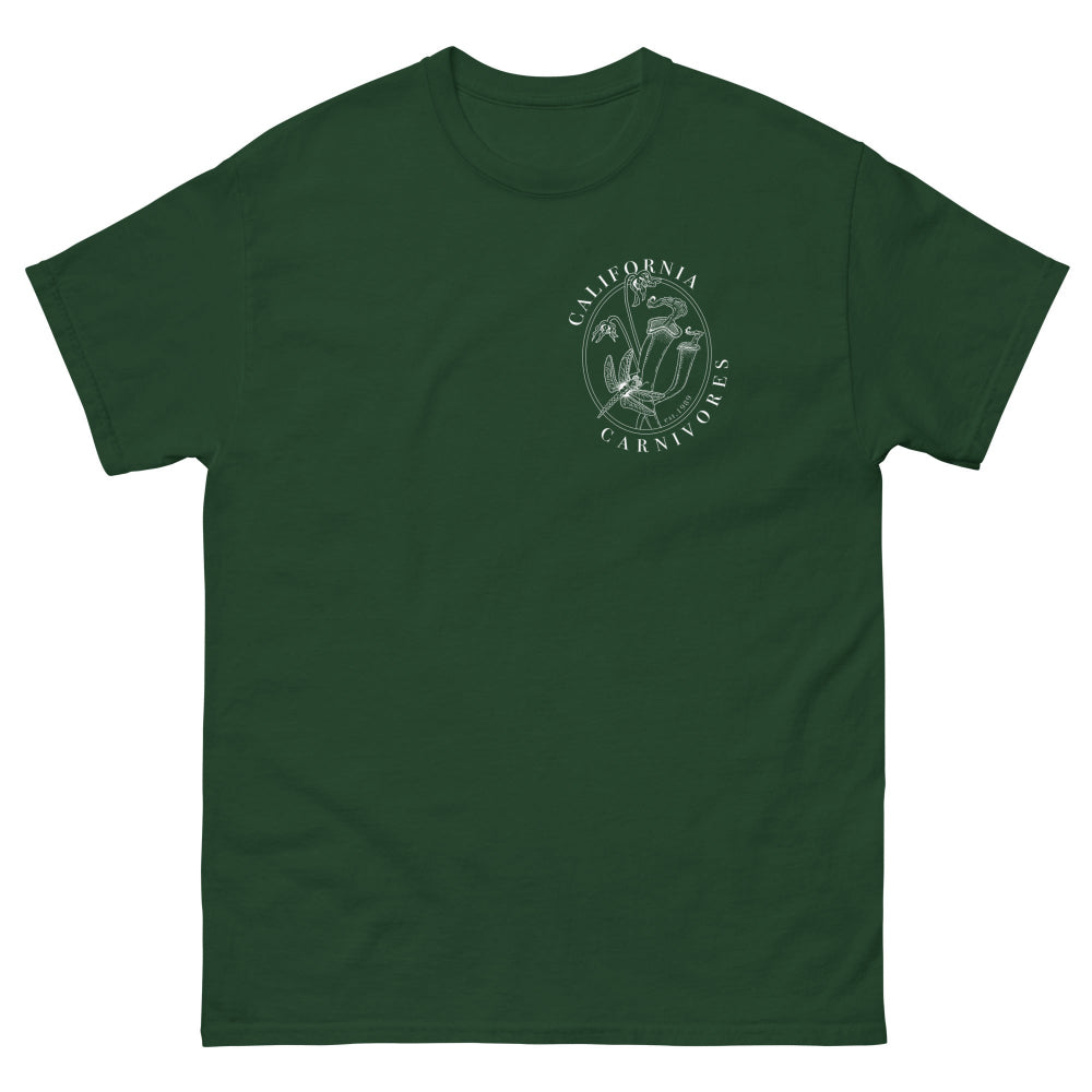 Forest Green t-shirt with white logo on a white background