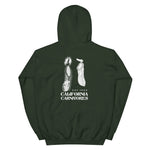 Dark green hoodie with white graphic design on the back on a white background