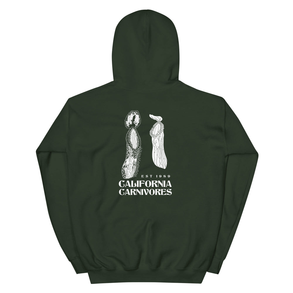 Dark green hoodie with white graphic design on the back on a white background