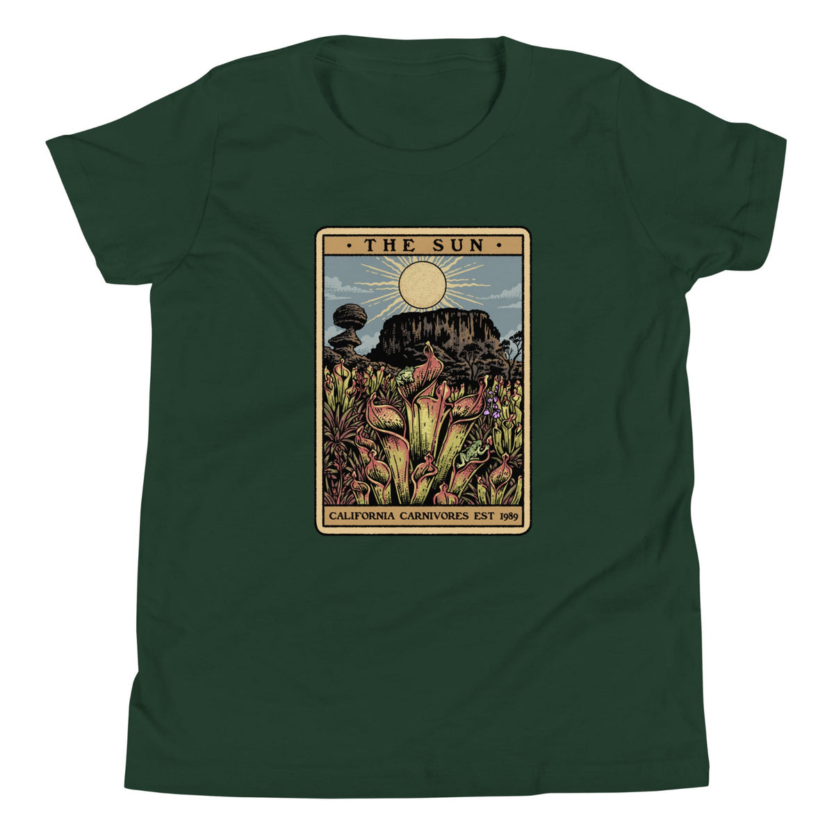 The Shining Sun forest green youth unisex shirt has a heliamphora in the sun styled after a tarot card.