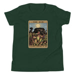 The Shining Sun forest green youth unisex shirt has a heliamphora in the sun styled after a tarot card.