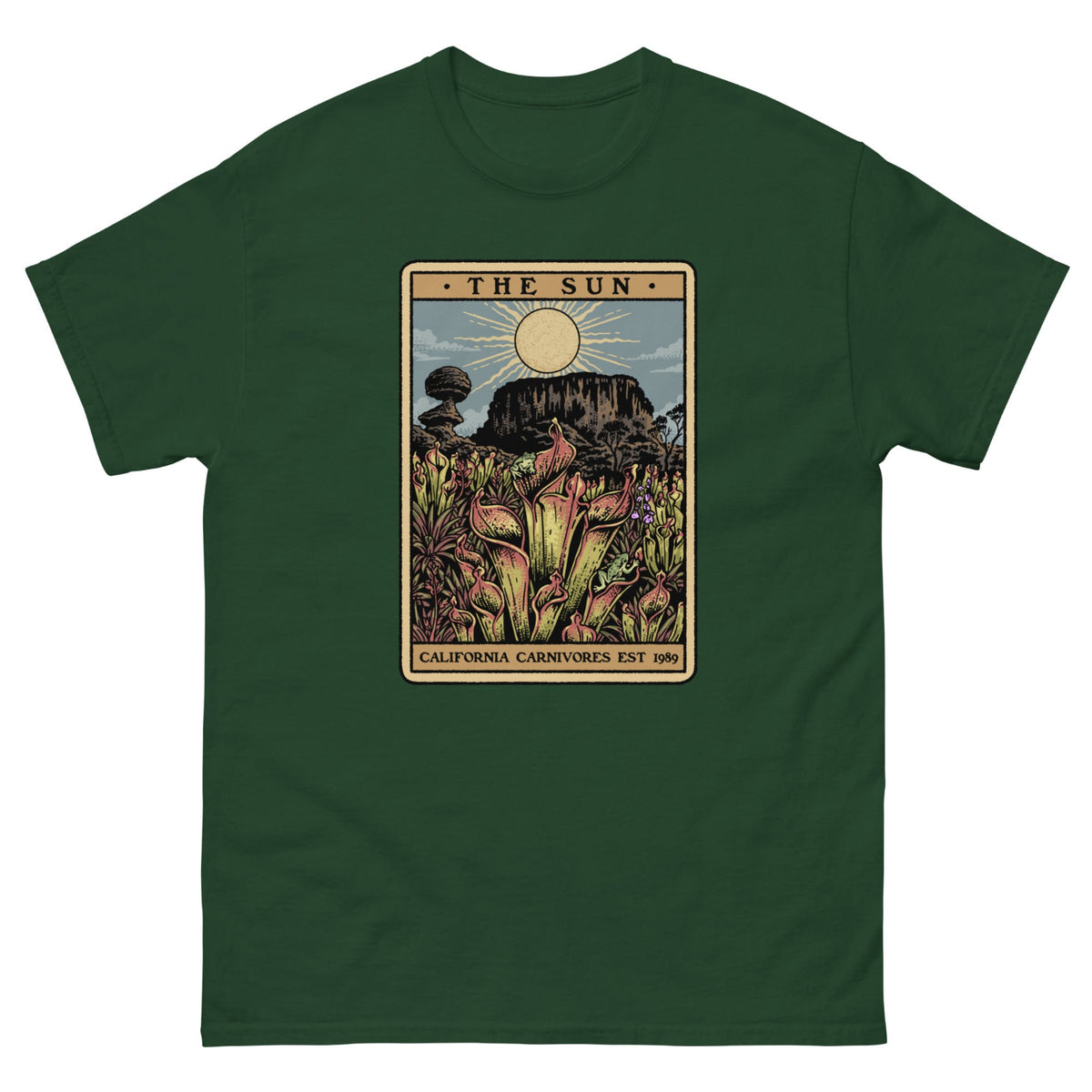 Forest Green t-shirt with a graphic design of Heliamphora as the Sun tarot card