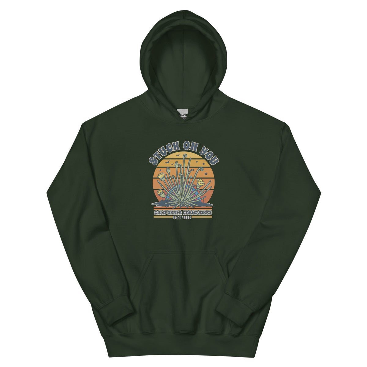 Forest Green hoodie with a graphic of a face and text on a white background