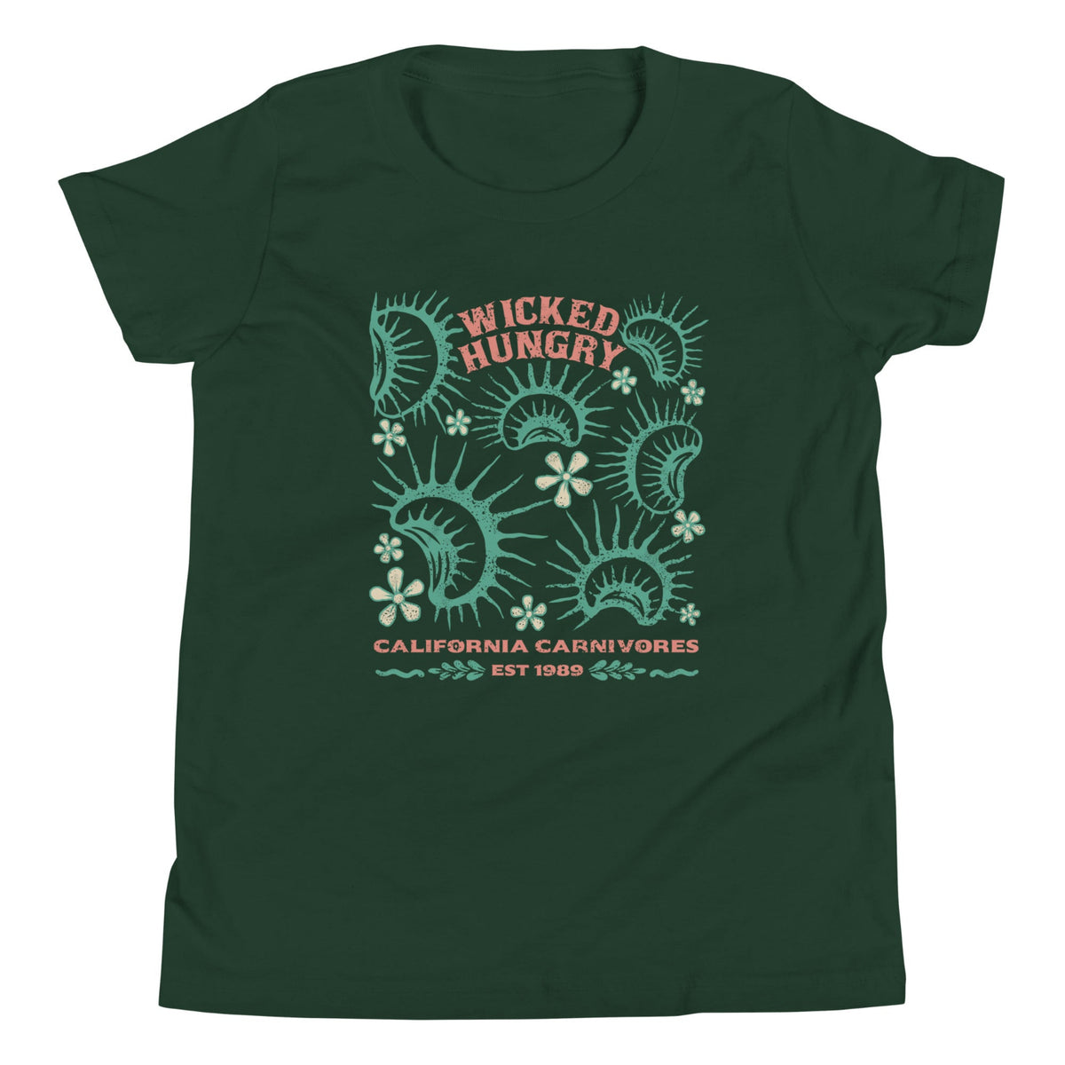 Forest Green Tshirt with Wicked Hungry written across the top middle and venus flytraps surrounding it