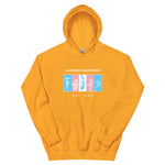 Yellow hoodie with graphic design and text on a white background