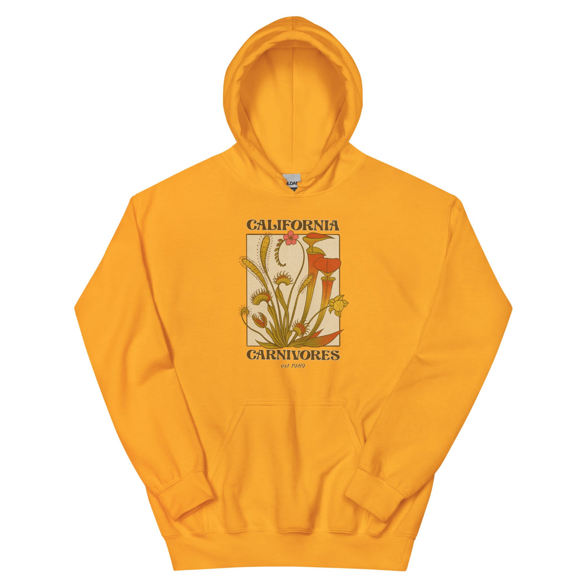 Yellow hoodie with a graphic design on a white background