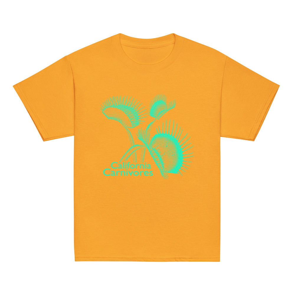 Orange t-shirt with teal graphic design on a white background