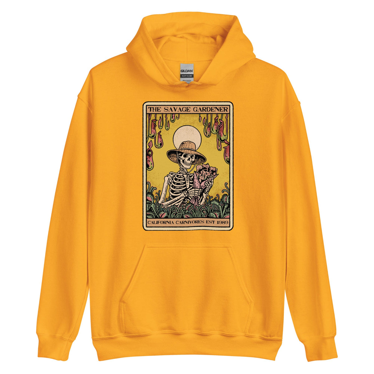 Yellow hoodie with a skeleton and plant design on a white background