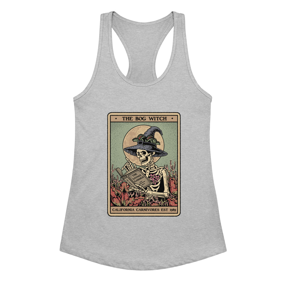 Gray tank top with a skeleton wearing a witch hat and reading a book design on a white background