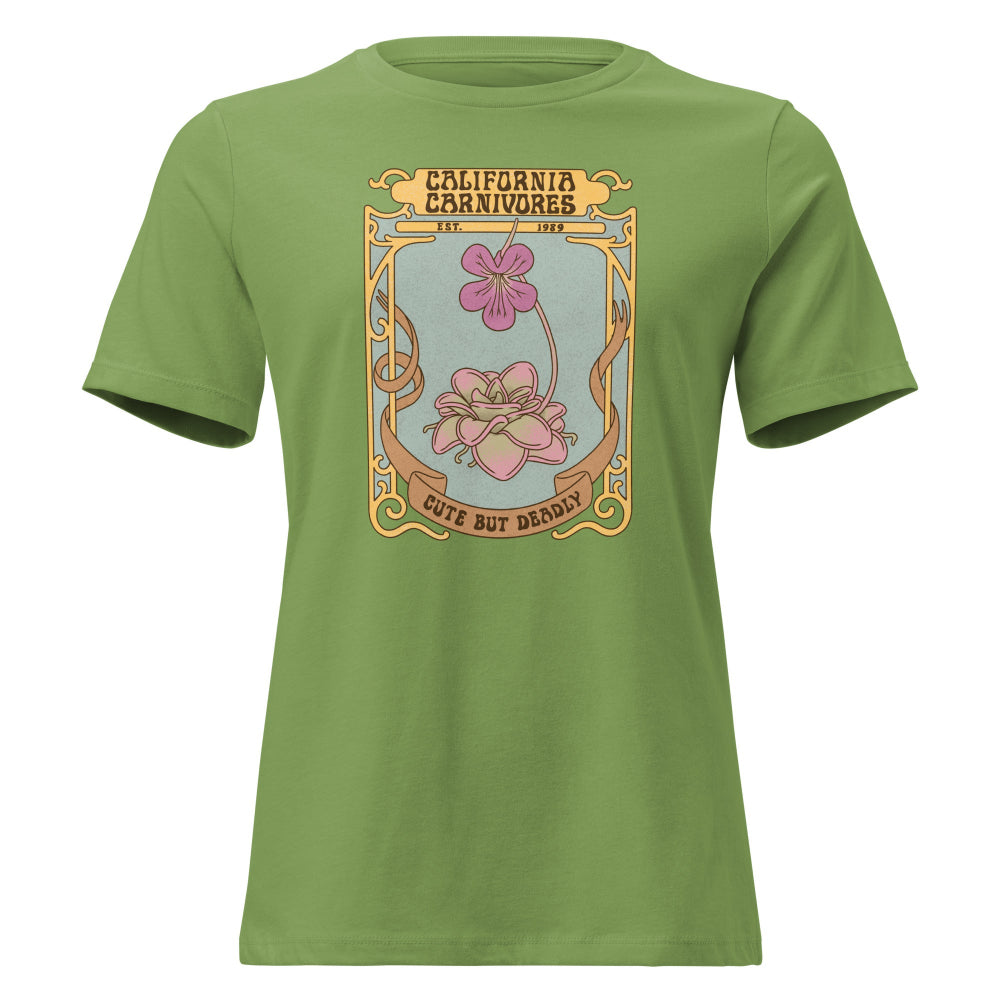 Green t-shirt with a graphic design of flowers and text on a white background