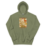 Green hoodie with a graphic design on a white background