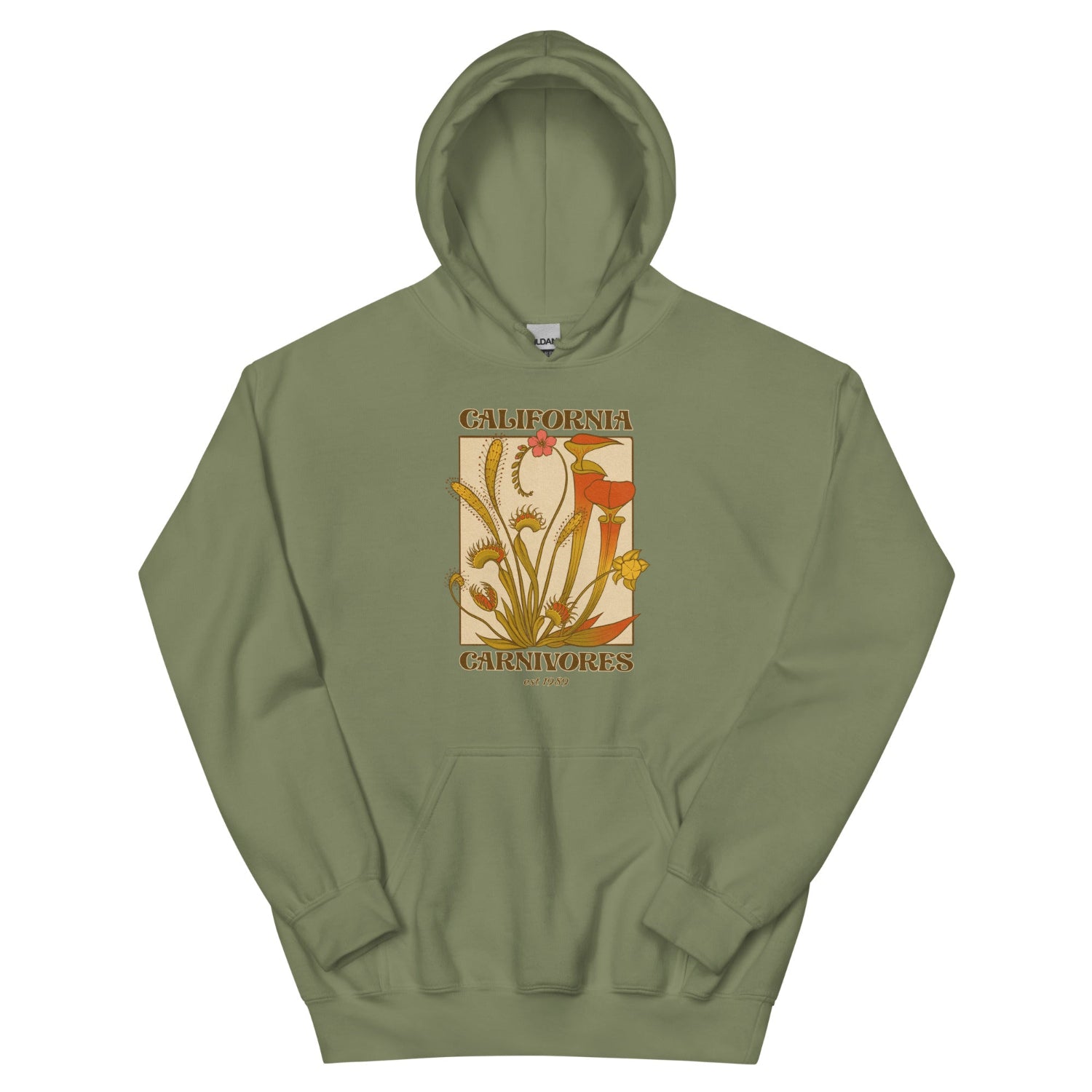 Green hoodie with a graphic design on a white background