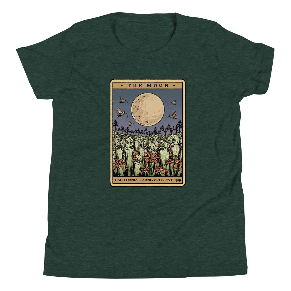 Green t-shirt with 'The Moon' tarot card design on a white background