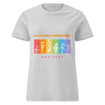 Gray t-shirt with colorful graphic and text on a white background