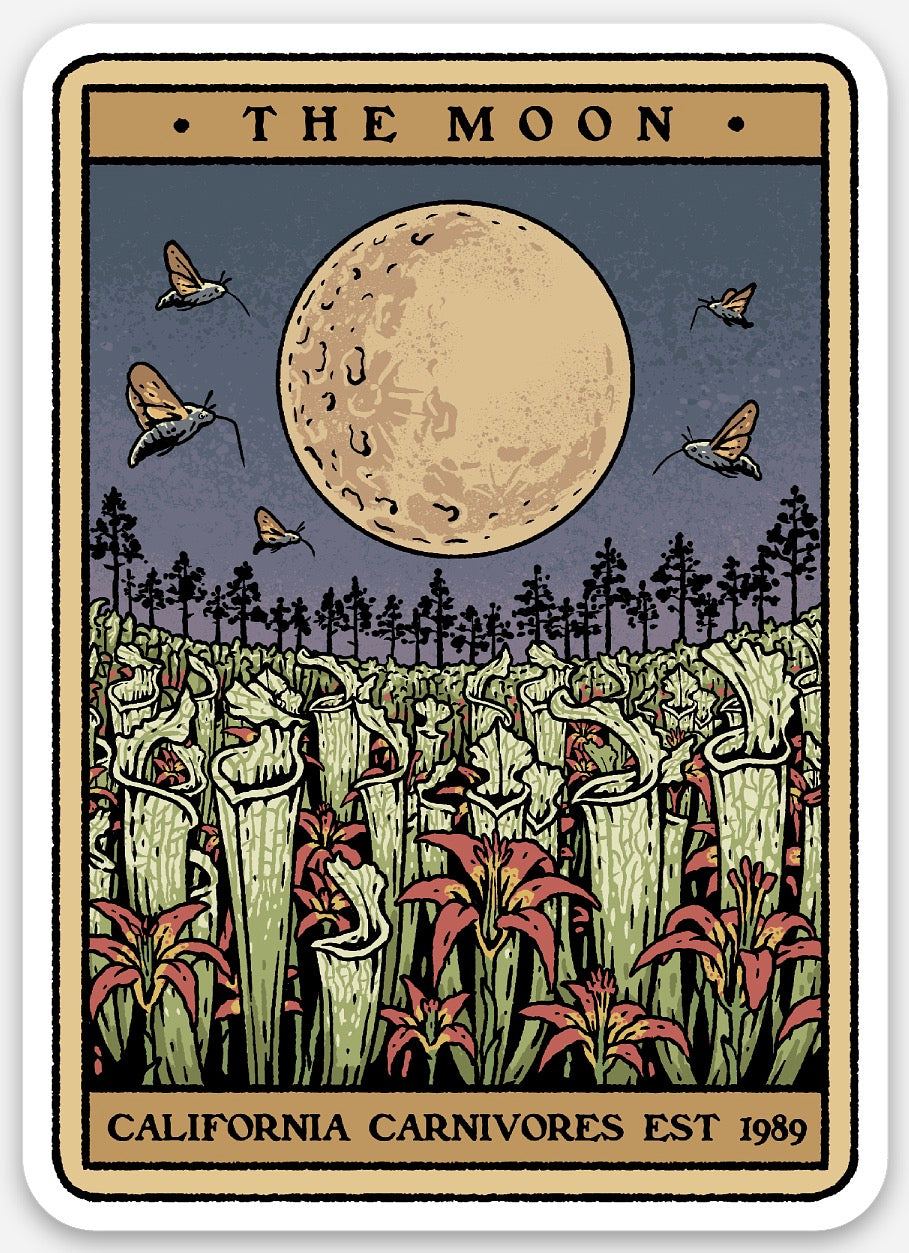 Illustration of a tarot card titled 'The Moon' with a moon, trees, and flowers.