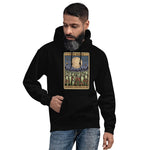 Man wearing a maroon hoodie with text on a white background