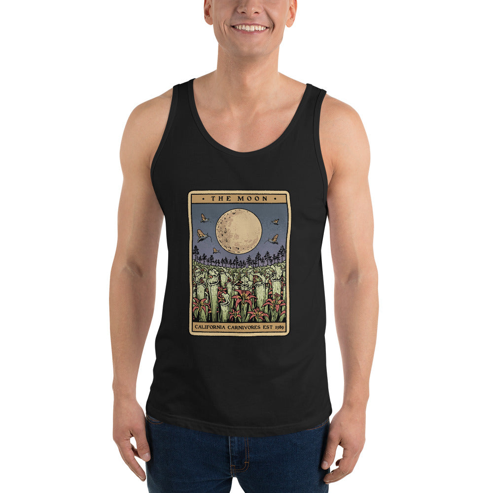 Person wearing a black tank top with a graphic design on a white background