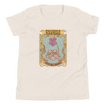 Beige t-shirt with a graphic design of flowers and text on a white background