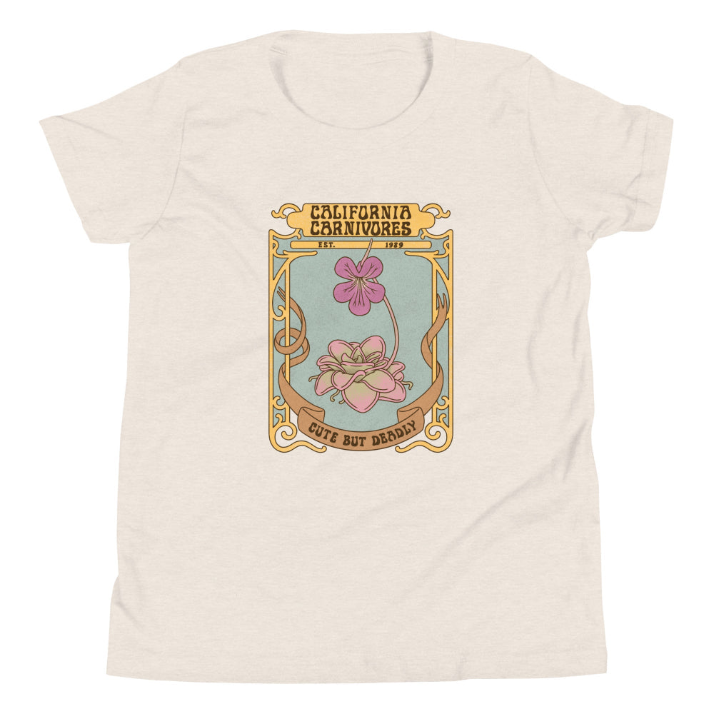 Beige t-shirt with a graphic design of flowers and text on a white background
