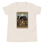 The Shining Sun heather dust youth unisex shirt has a heliamphora in the sun styled after a tarot card.