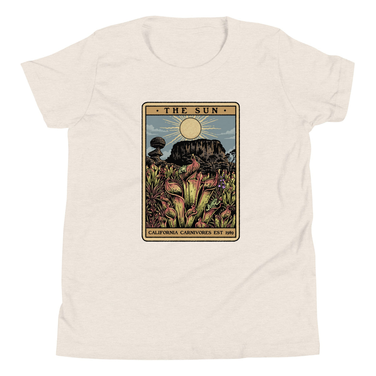 The Shining Sun heather dust youth unisex shirt has a heliamphora in the sun styled after a tarot card.