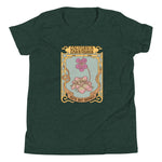 Green t-shirt with a decorative floral design and text on a white background