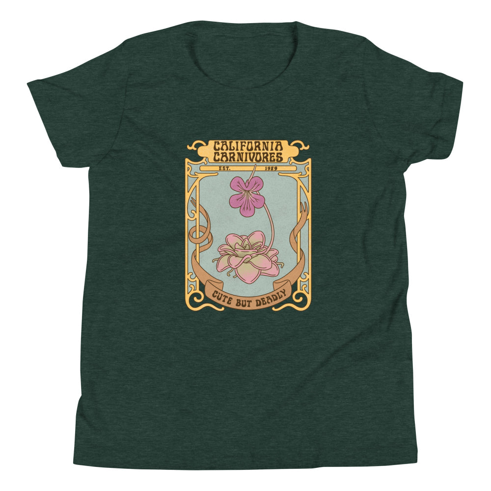 Green t-shirt with a decorative floral design and text on a white background