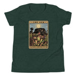The Shining Sun heather forest youth unisex shirt has a heliamphora in the sun styled after a tarot card.