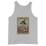 Gray tank top with a skeleton wearing a witch hat and reading a book design on a white background.