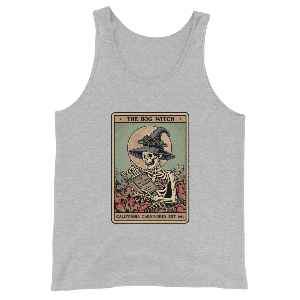Gray tank top with a skeleton wearing a witch hat and reading a book design on a white background.