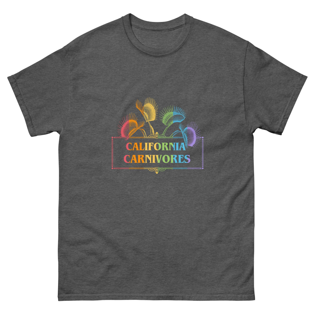 Dark gray t-shirt with 'California Carnivores' graphic design on a white background