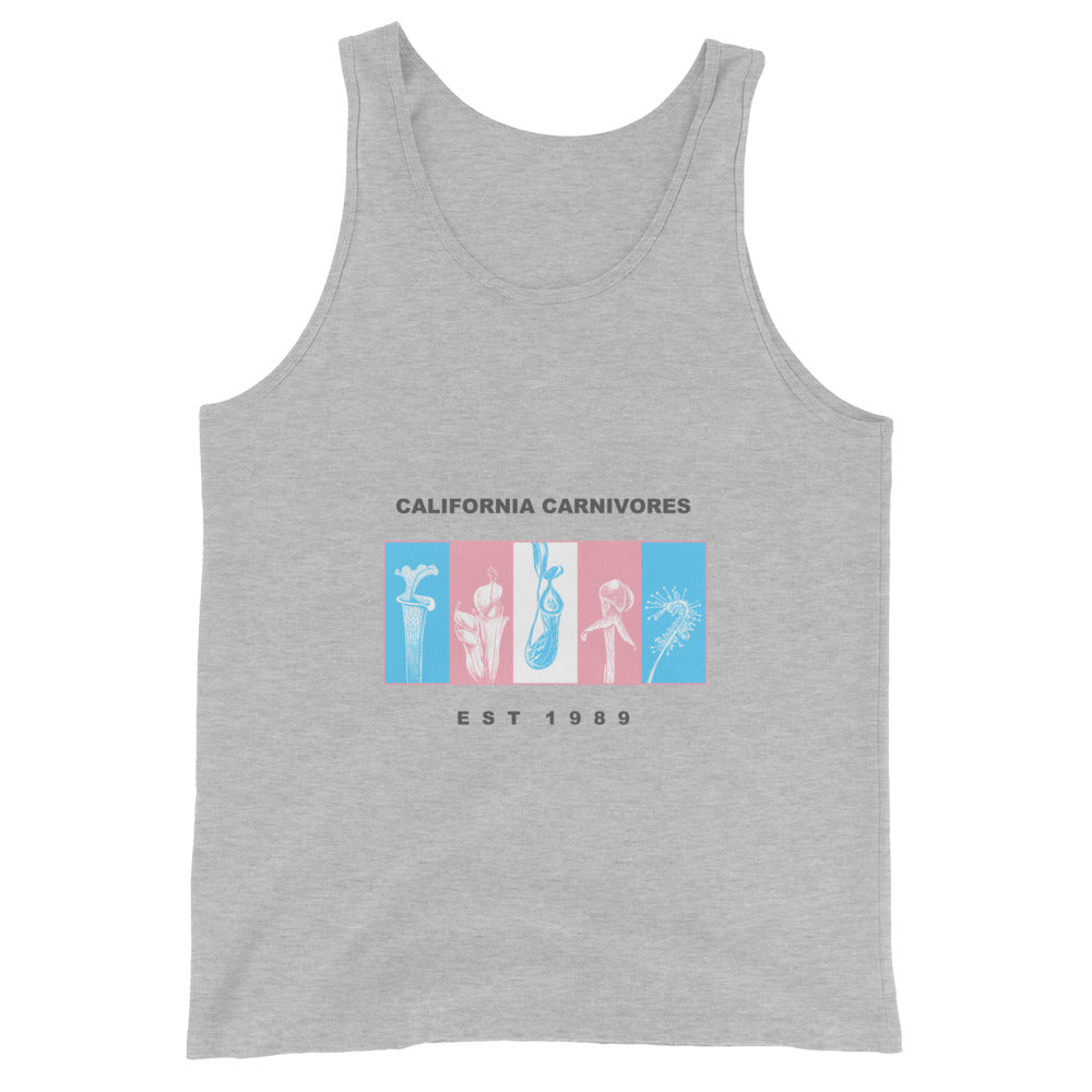 Gray tank top with California Carnivores graphic design on a white background