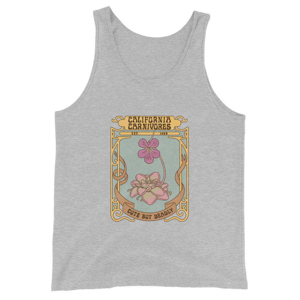 Gray tank top with a graphic design featuring flowers and text on a white background