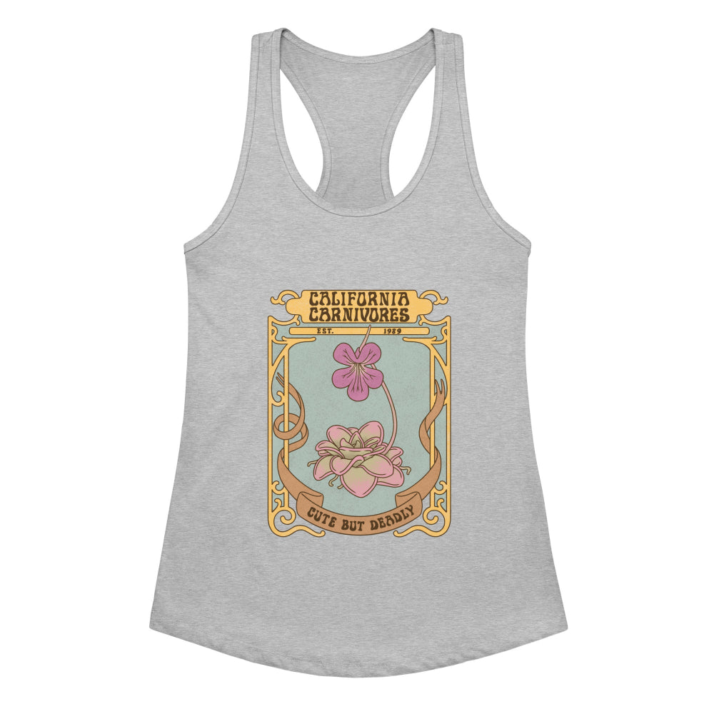 Gray tank top with a decorative floral design and text on a white background