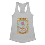 Gray tank top with a decorative floral design and text on a white background